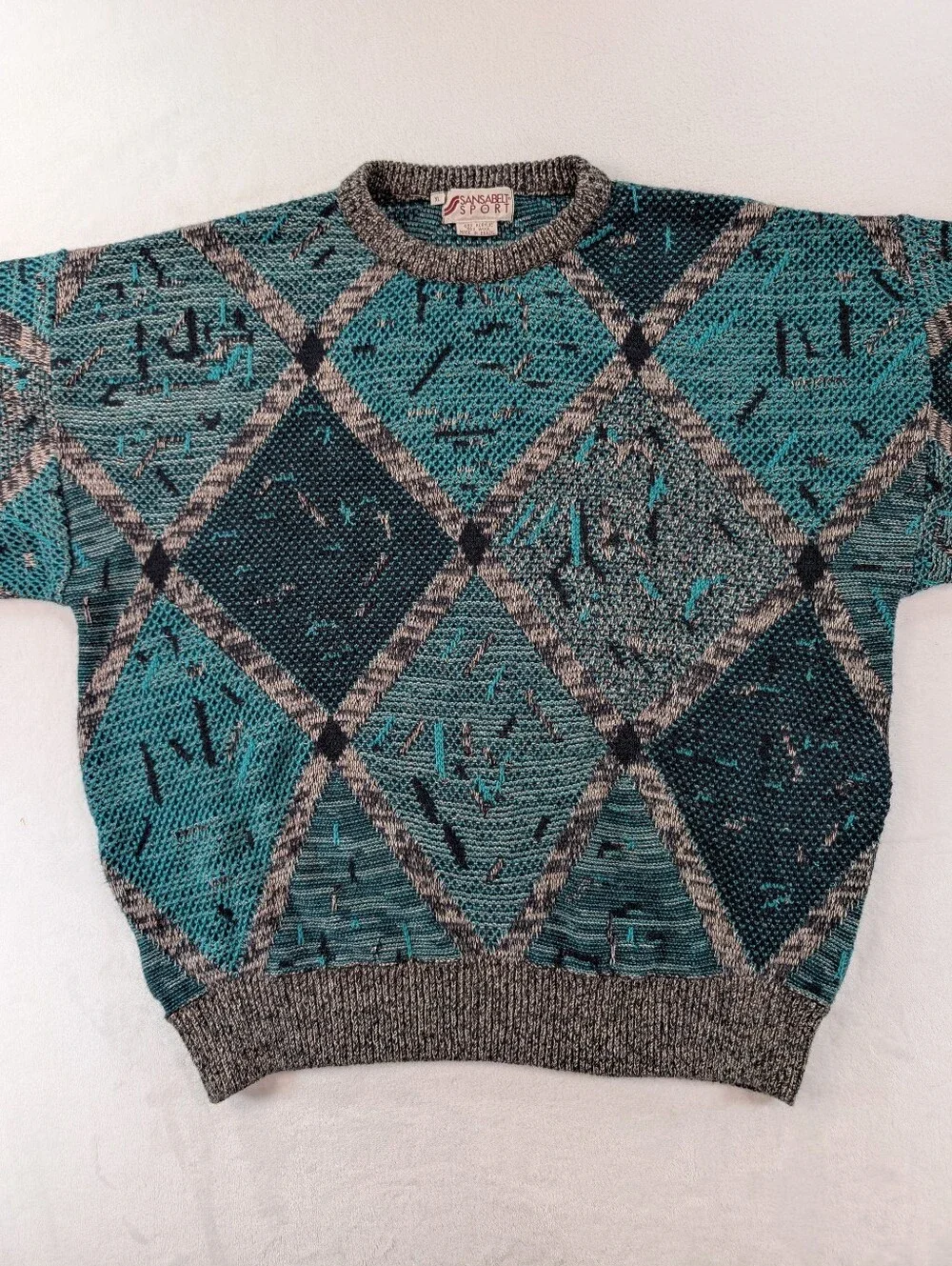 Vtg Abstract Geometric Knit Crewneck Sweater XL Turquoise Gray Retro 80s 90s